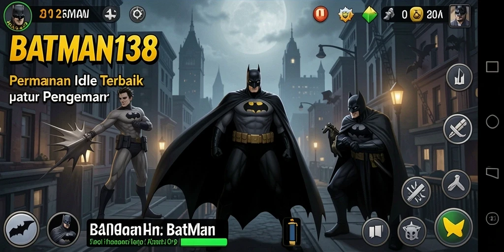 Screenshot utama BATMAN138 menunjukkan Batman dalam aksi idle di Gotham City.