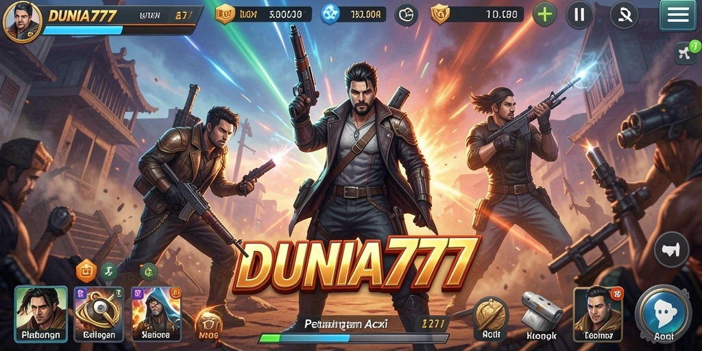 Tangkapan layar gameplay DUNIA777 dengan aksi seru dari karakter.