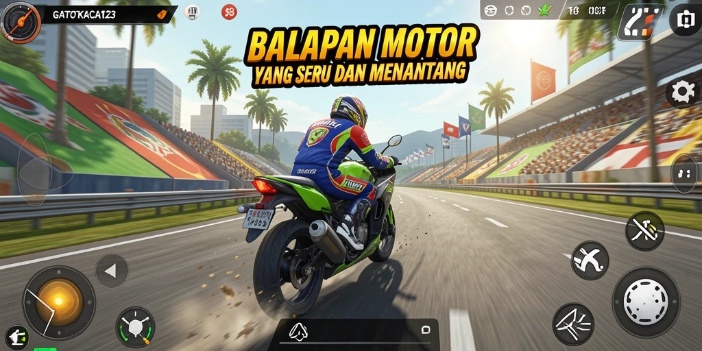 Gameplay seru GATOTKACA123 dengan balapan motor yang mendebarkan.