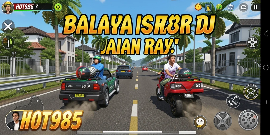 Screenshot gameplay HOT985 menunjukkan aksi balapan yang mendebarkan.