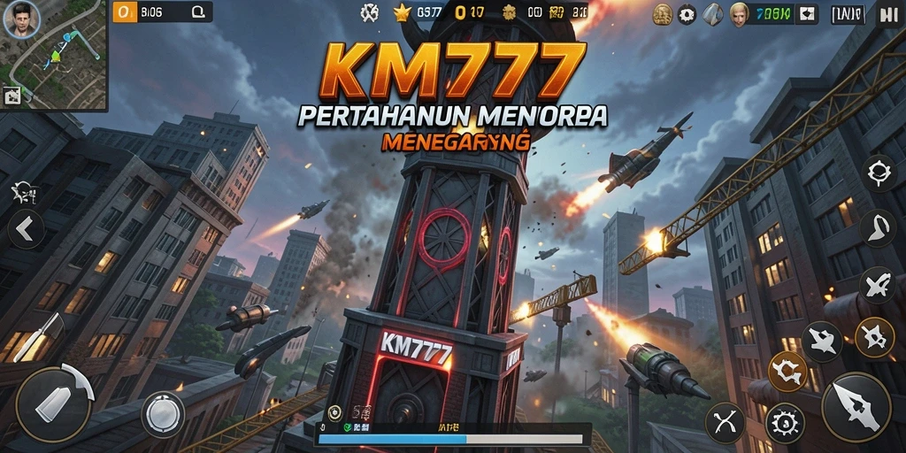 Screenshot gameplay KM777 menampilkan pertahanan menara yang strategis.
