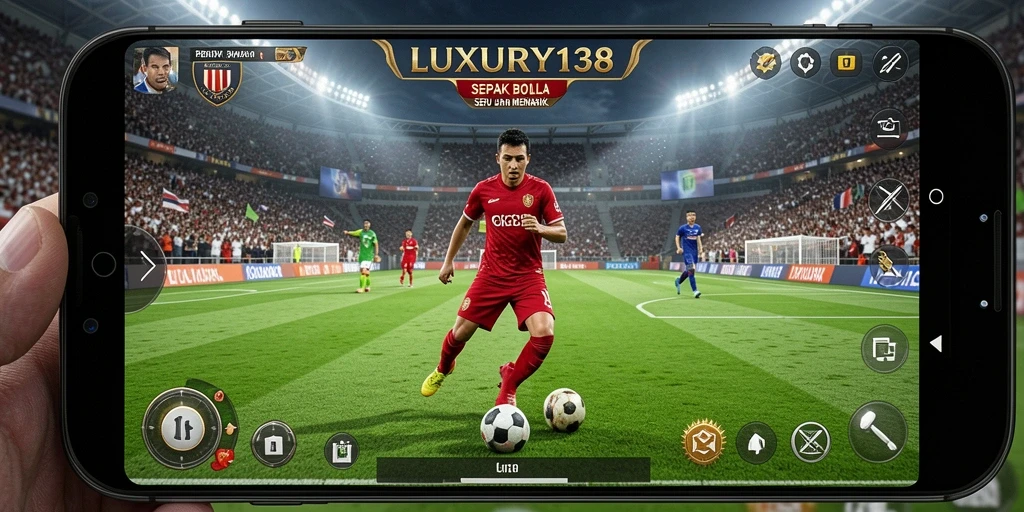 Screenshot utama memperlihatkan aksi intens di lapangan sepak bola.