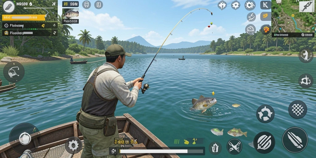 Screenshot gameplay MR888 yang menampilkan aktivita memancing yang seru.